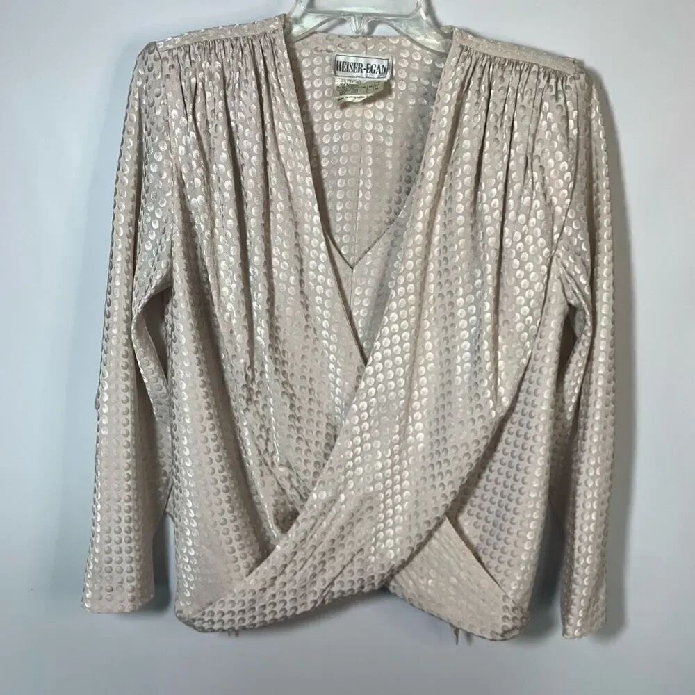 Heiser-Egan Women's Polka Dots Long Sleeve V-Neck Satin Blouse Cream Size 10